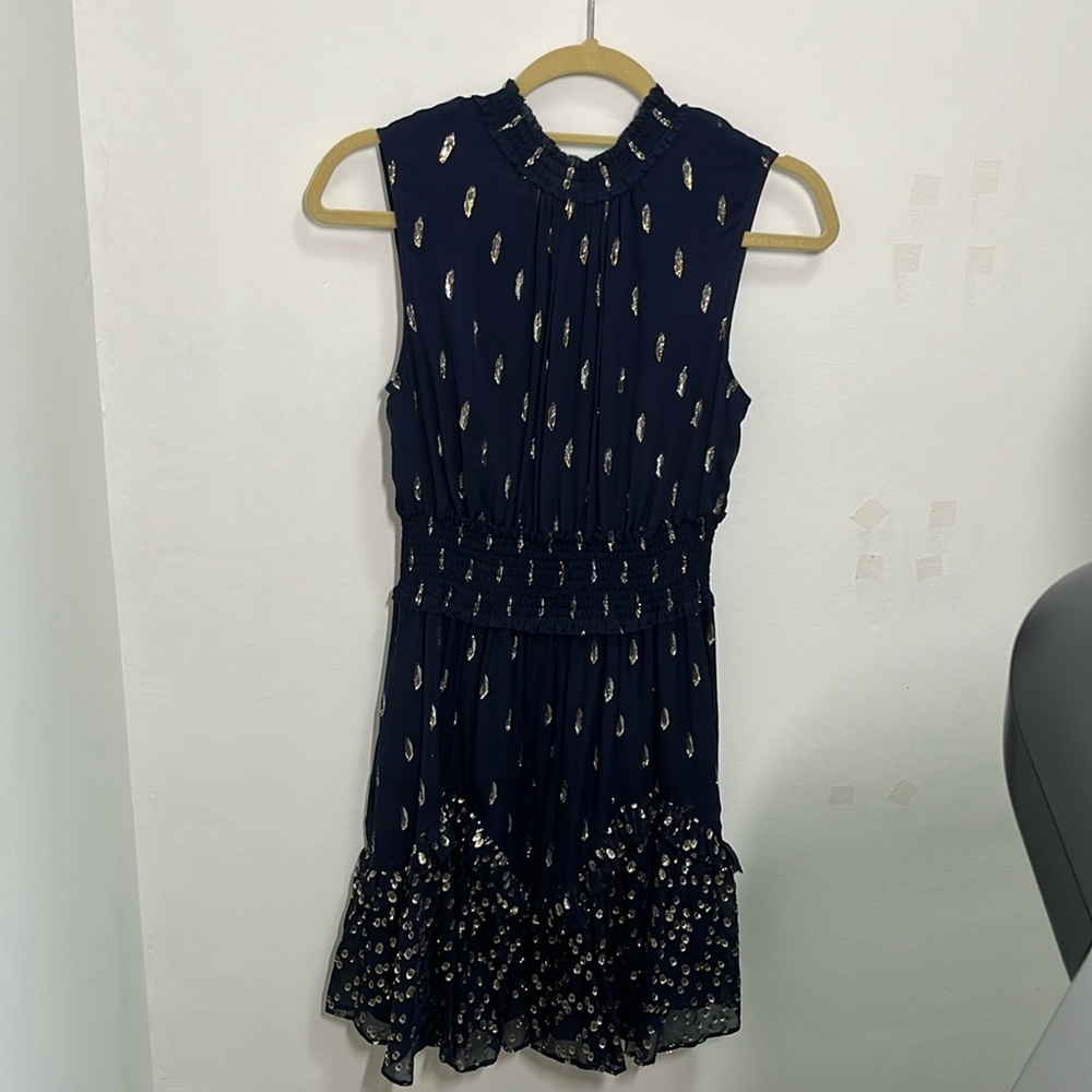Rebecca Taylor Navy and Gold High Neck Short Dress